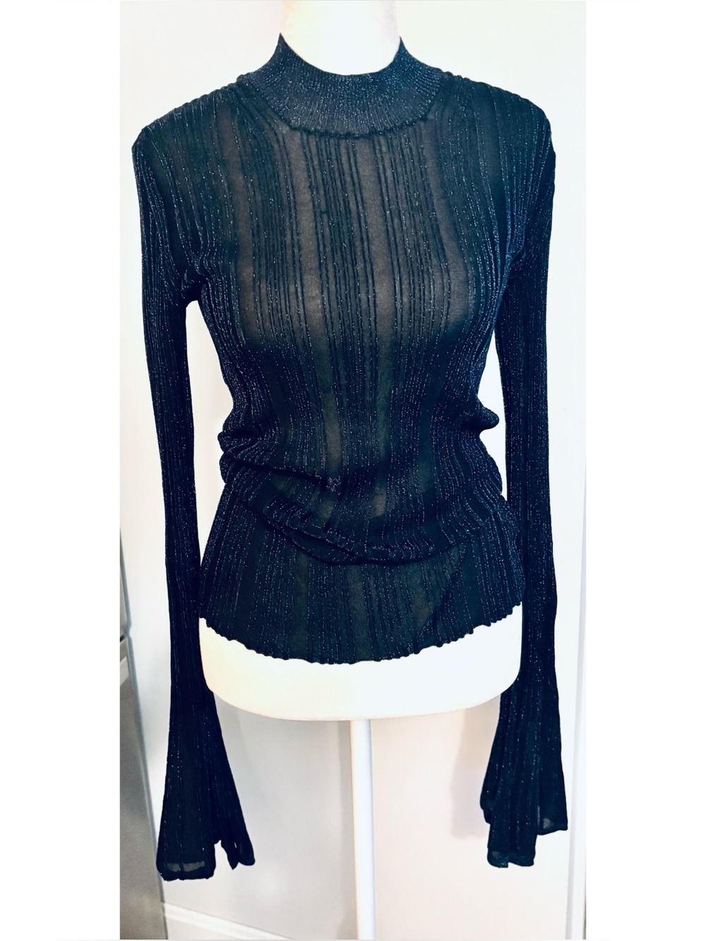 Caroline Constas Metallic Sparkly Dark Blue Ribbed Top Mock Neckline-Small